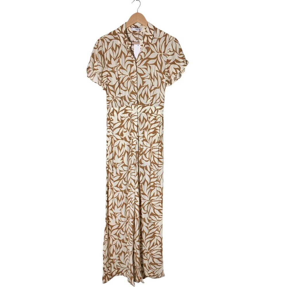 MNG Jumpsuit Women's Size XS Brown Off White Leaves Leaf